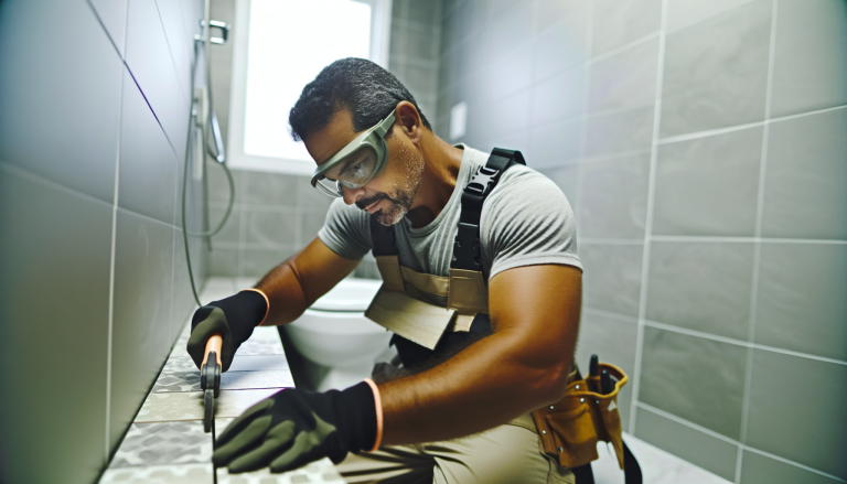 A professional tiler at work in bathroom