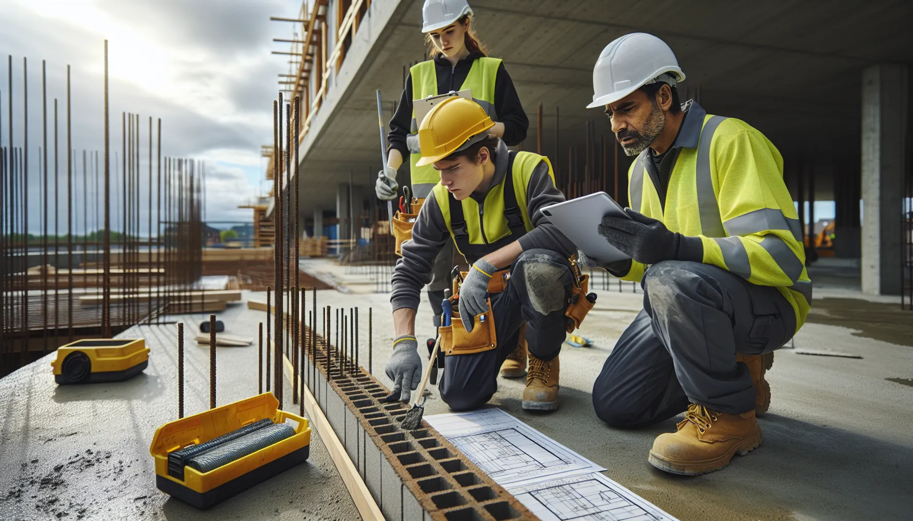 Apprentices learning masonry and rebar work on a norwegian construction site