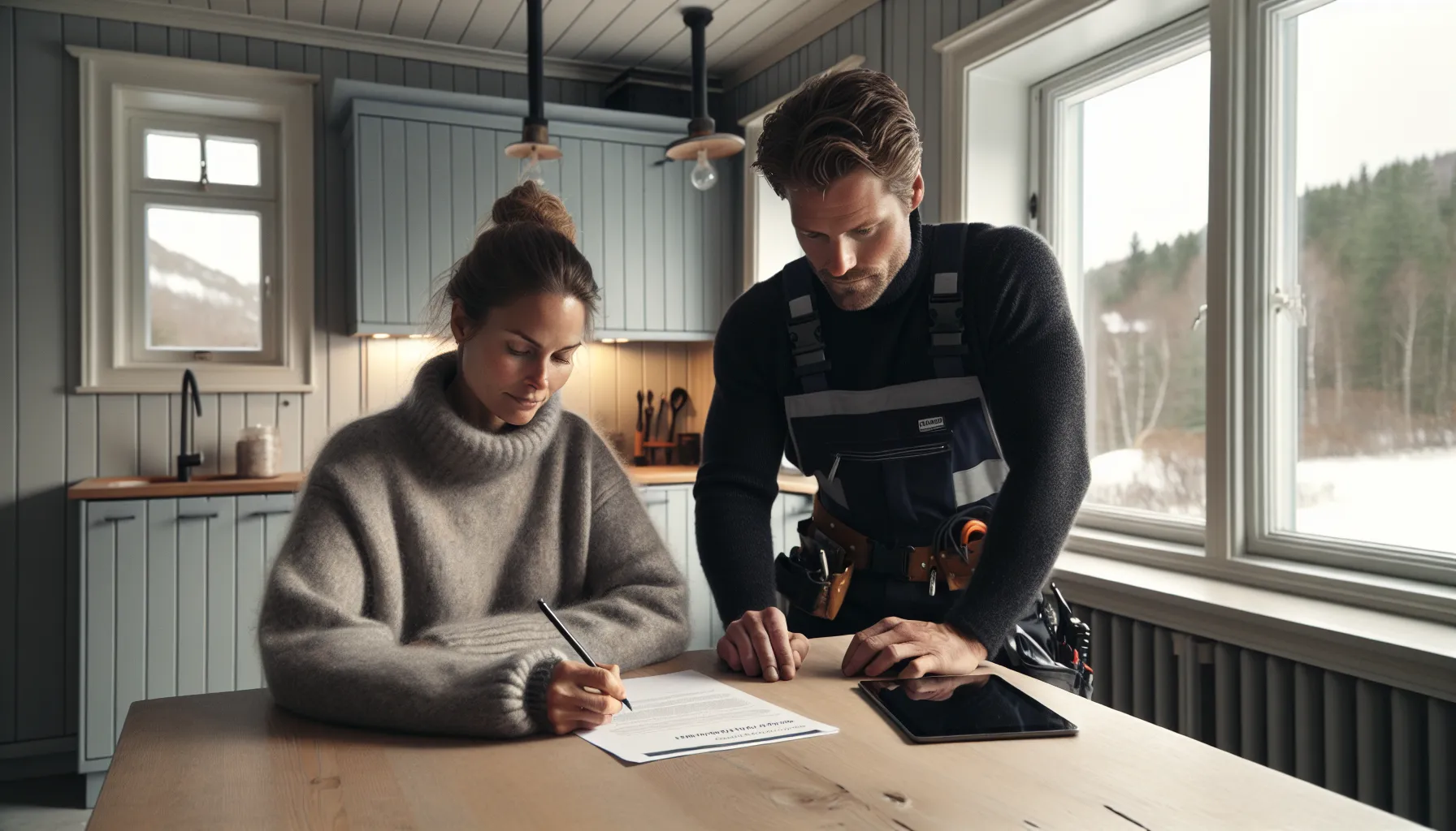 Homeowner signing standard contractor agreement with tradesperson in norway at a renovation site