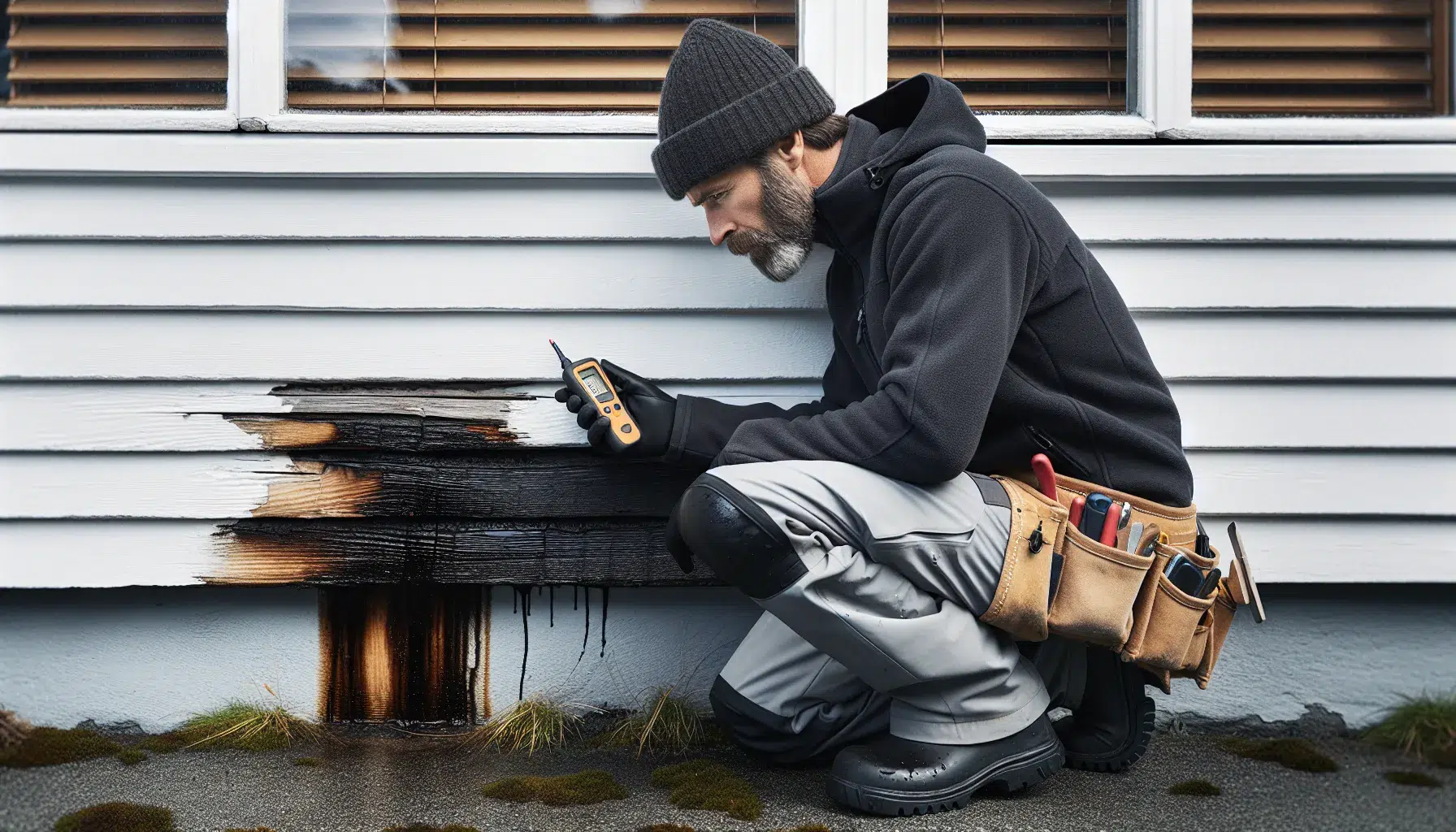 Norwegian carpenter checks rotting cladding with moisture meter after rainfall