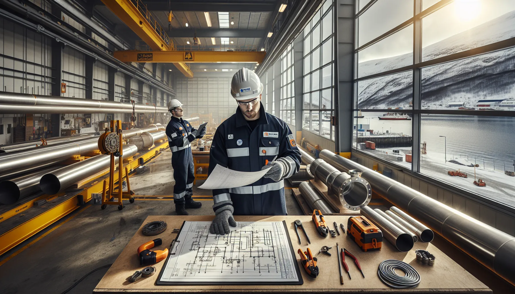 Norwegian pipefitters assemble stainless process piping with valves in a bright workshop