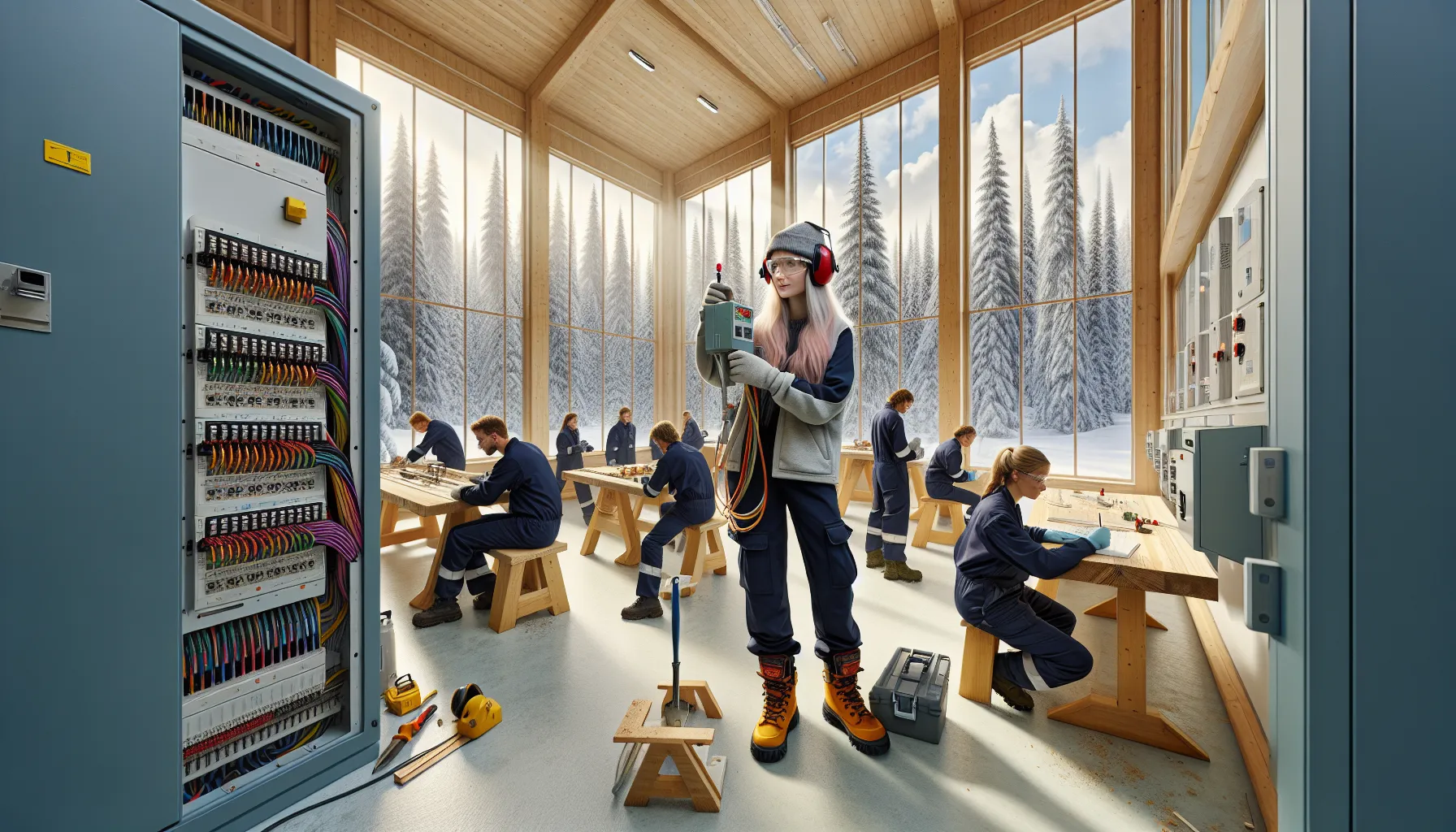 Norwegian vocational students practicing electro carpentry healthcare and industry skills indoors