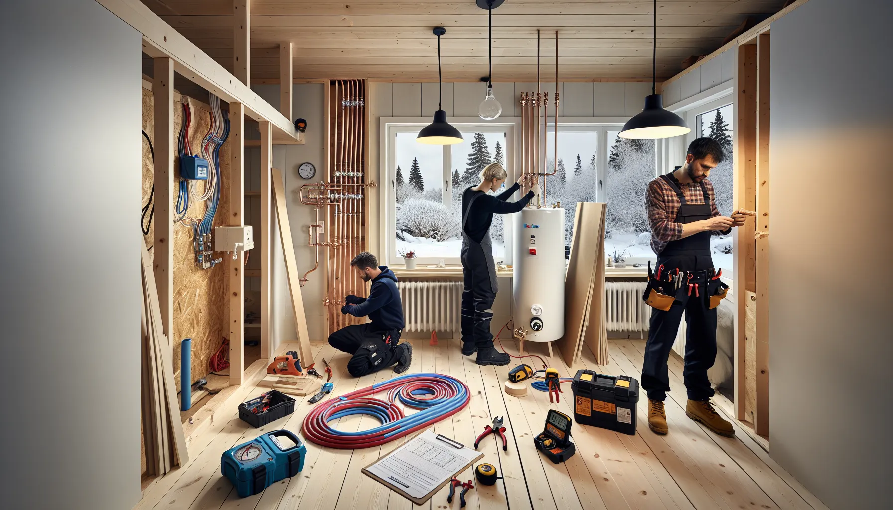 Plumber electrician and carpenter working together on a norwegian home renovation