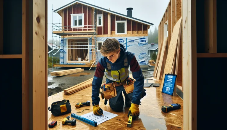 Young apprentice measuring a timber frame on a rainy norwegian building site